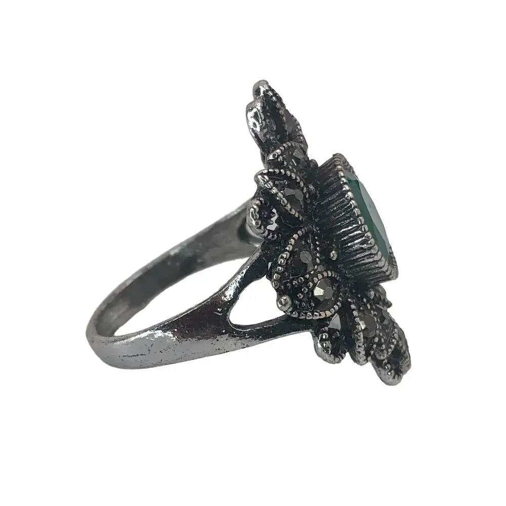 Silver and Green Rhinestone Statement Ring - Size 9
